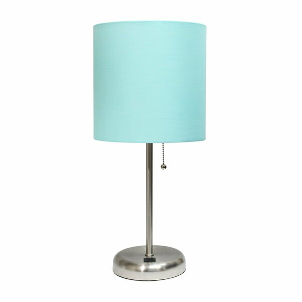 Creekwood Home Oslo 19.5in Contemporary USB Port Feature Metal Table Lamp, Brushed Steel, Aqua Drum Fabric Shade CWT-2012-AU